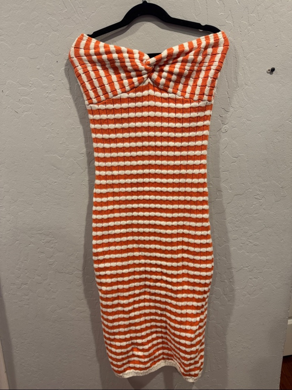 Orange & White Strapless Knit Midi Dress